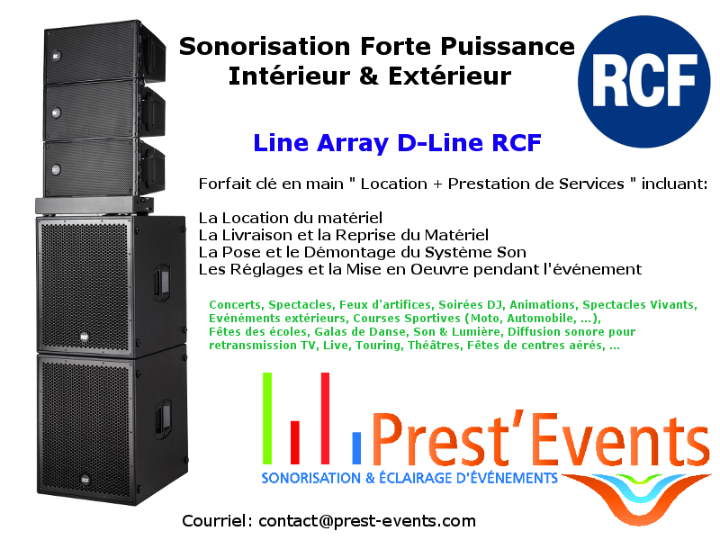 Sonorisation line array D-Line SUB 8004AS HDL-10A feux d'artifice concerts spectacles soirées dj animations spectacle vivant courses sportibes moto automobile ftes des écoles galas de danse son et lumire diffusion sonore tv match live touring thétre centres aérés Lille Nord France Prest'Events