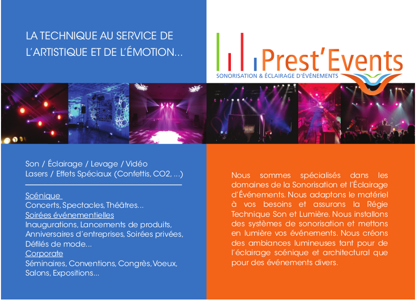 Prest'Events Sonorisation Eclairage d'evénements Lille - Prestataire de services - Son / Eclairage / Structure / effets Spéciaux / Mobiliers / Vidéo - PrestEvents - Prest Events