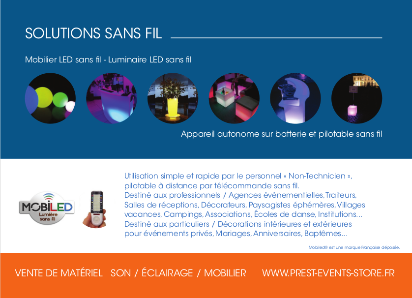 Vente de Matériel sur batterie pilotable sans fil Luminaires Mobilier Led Autonome MOBILED LumiBox Led TubyLed CenterBox TotemLed Dekobase Dekobox ElecBox Prest'Events Sonorisation Eclairage d'evénements Lille - Prestataire de services - Son / Eclairage / Structure / effets Spéciaux / Mobiliers / Vidéo - PrestEvents - Prest Events